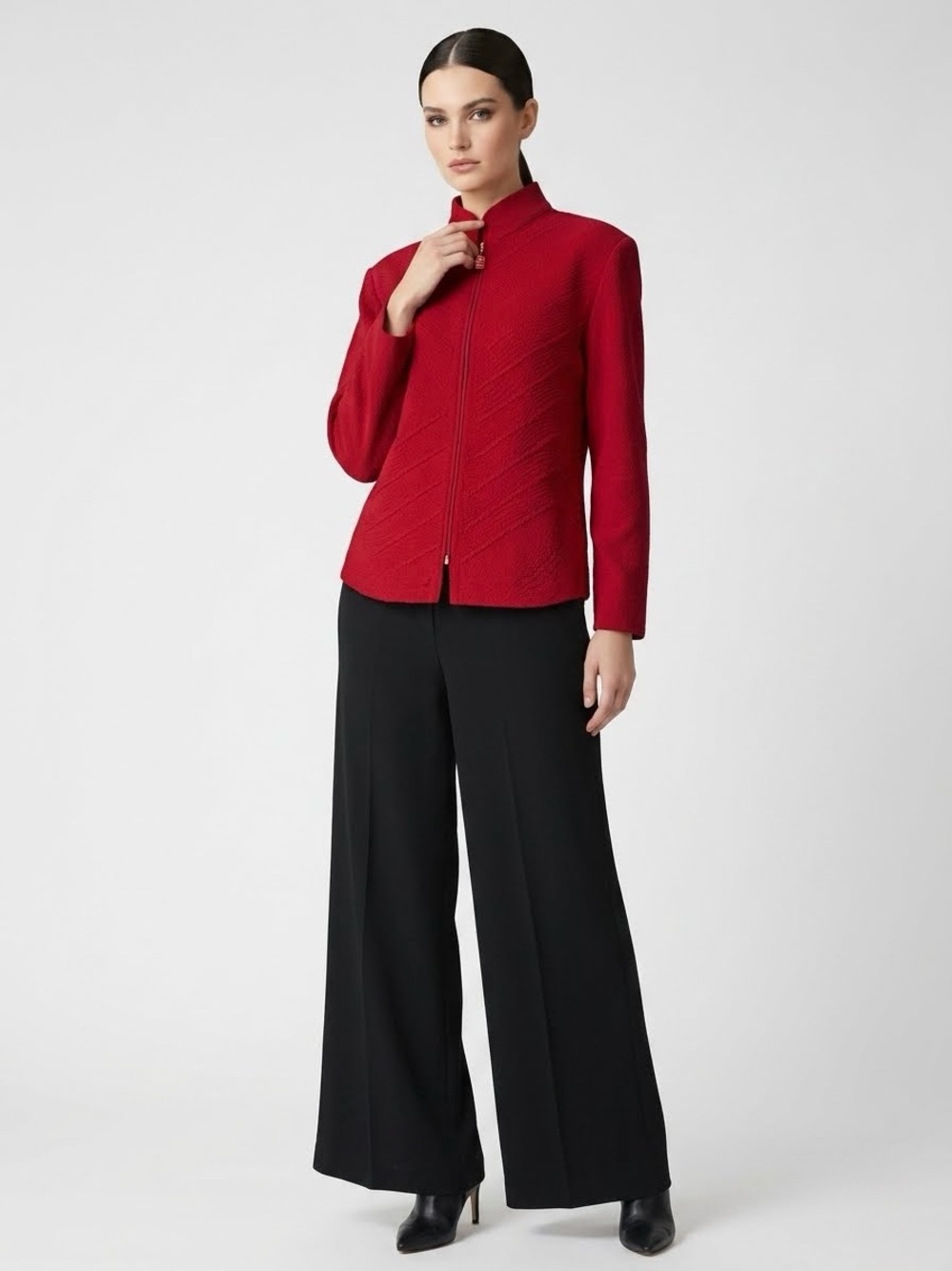 St John Collection Red Santana Knit Zip Jacket 12 Vintage Marie Gray Mock Neck